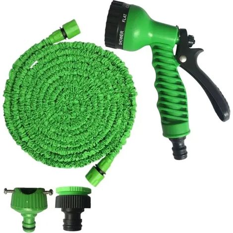 Tuyau d'arrosage extensible Magic Hose (7,6 m) avec 7 jets d'eau, pot à mousse et enrouleur flexible pour pistolet à eau et pistolet de lavage auto. (1/4)