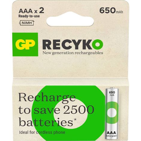 Batería recargable GP Battery Recyko de 1,5 V, minilápiz óptico AAA de 650 mAh (paquete de 2)