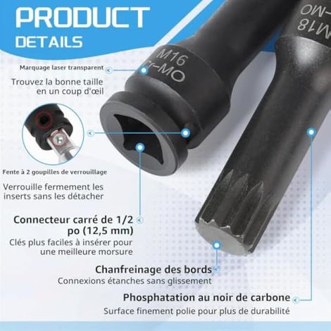 Coffret de 8 douilles à impact XZN 1/2 pouce M12, M14, M16, M18 longues et courtes avec boîte, embouts CR-MO 12 pans (1/3)