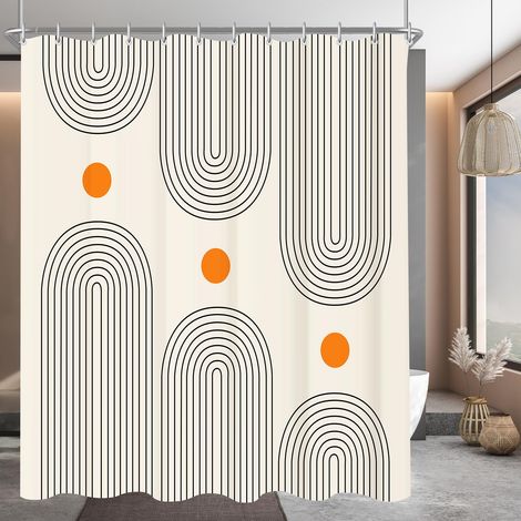 Rideau de douche 200x200cm, motif géométrique incurvé, ourlet lesté anti-moisissure en textile, imperméable, lavable en polyester pour salle de bain, baignoire avec 12 anneaux de rideau (1/5)