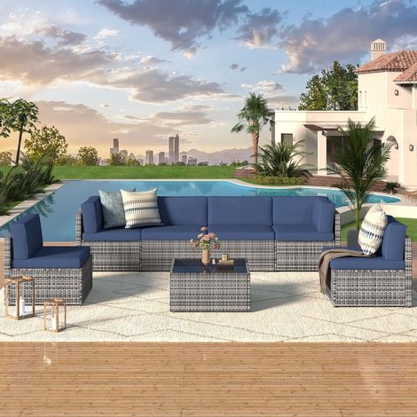 YODOLLA Garden Furniture Sets 7 Pieces Patio PE Rattan Wicker Sectional Conversation Furniture Set, Grey Rattan&Dark Blue Cushions