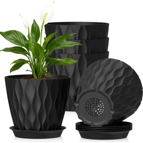 Blumentopf 5er Set Ø 17,6 cm mit Untersetzer, Kunststoff, Abflusslöcher, Wellenstruktur, Schwarz (1/5)