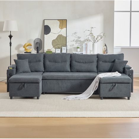 Sofá cama 4 plazas con almacenaje y USB gris OKMYHOME (1/5)