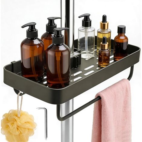 Étagère de douche sans perçage, étagère de douche antirouille pour barre de douche de 22 à 25 mm, avec 2 crochets et porte-serviettes, support de shampoing, universel réglable (1/5)