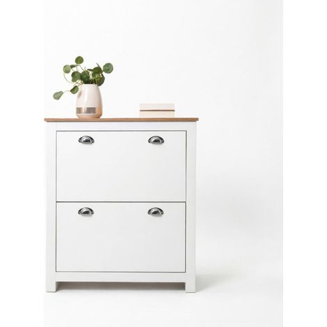 Scarpiera moderna con contenitore e piano d'appoggio, MDF effetto rovere e bianco (1/5)