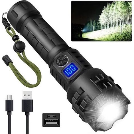 Hochleistungs-LED-Taschenlampe mit Zoomfunktion und 5 Leuchtmodi, ideal zum Campen, Wandern und Angeln.