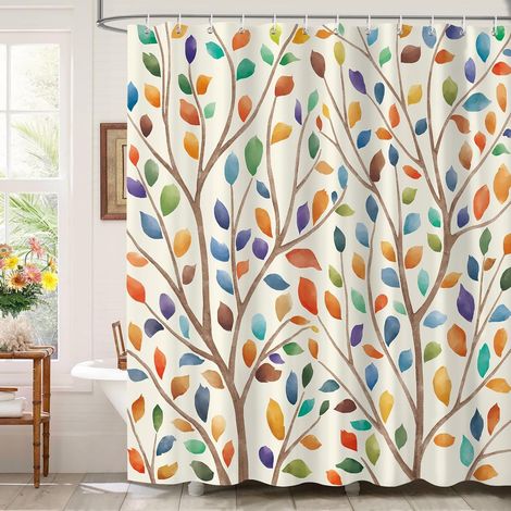 Rideau de Douche Boho Coloré Feuilles 180 x 180 cm, Aquarelle Abstrait Feuilles Rideaux de Baignoire, Imperméable Anti-Moisissures Tissu avec 12 Crochets (Fond Beige) (1/5)