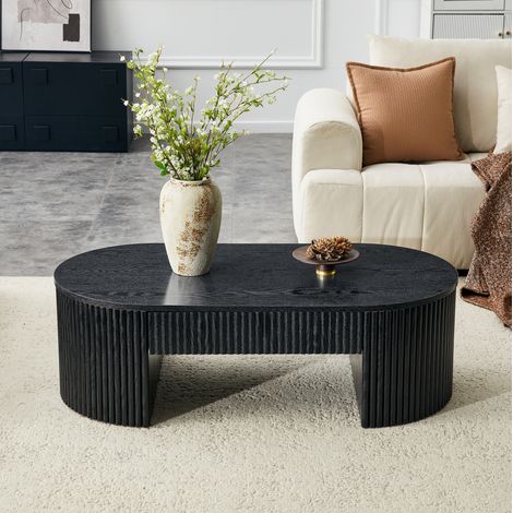 Mesa de centro ovalada 105x54x38 cm negra con cajón de almacenaje, MDF acanalado MEUBLIV (1/5)