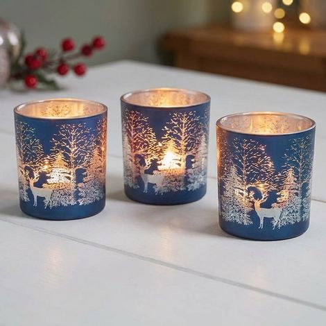 3 Pack Sapphire Wonderland Pattern Glass T-Light Holders (1/2)