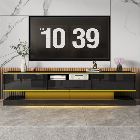 Meuble TV en panneaux de particules noir brillant et doré 180,0x38,0x45,0 cm avec 3 tiroirs et éclairage LED multicolore (1/5)