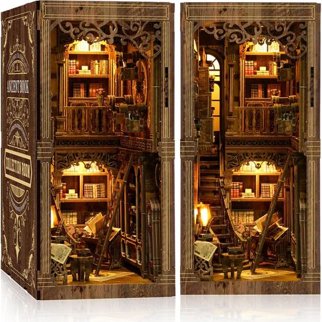 Book Nook Kit à Monter soi-même – Puzzle Miniature en Bois 3D avec lumières LED Salle de Lecture Vintage Serre-Livres décoratif Idée Cadeau créative