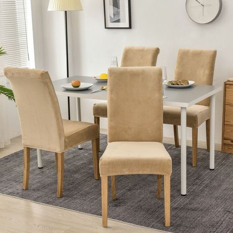 EASYCOMFORT Lot de 4 Housses de Chaise en Velours Beige, Housse Extensible en Spandex avec Bande Élastique pour Chaises Droites, Protection de Siège Élégante pour Salle à Manger, Hôtel, Restaurant et (1/5)