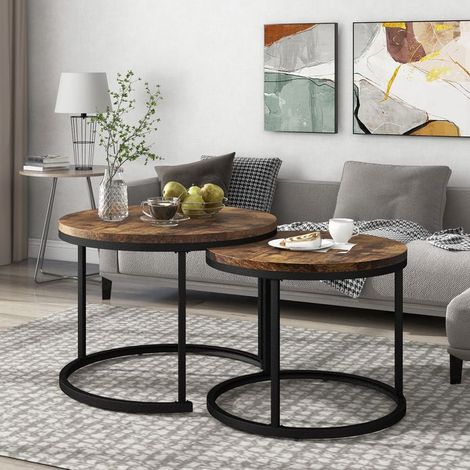 Table basse - SOGEU - Lot de 2 - Ronde gigogne imbriquée - Plateau MDF effet marbre - Structure métal style industriel (1/5)