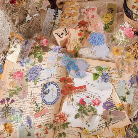 30 autocollants floraux vintage en PET, décoratifs et naturels, pour scrapbooking, agenda, carnet et loisirs créatifs (rouge). (1/5)