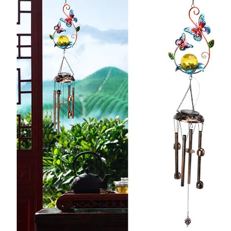 Carillon lumineux solaire en fer forgé en forme de papillon, suspension lumineuse LED solaire en forme de carillon, éclairage décoratif extérieur étanche pour cour, terrasse, allée, pelouse (1/5)