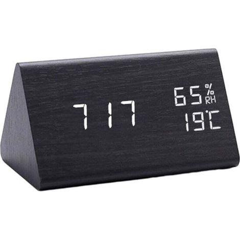 Wooden Digital Alarm Clock, Temperature and Humidity, Transparent LED Display, Wooden Bedside Clock (Black) (1/4)