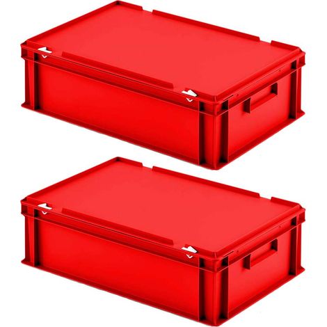 BRB Lot de 2 boîtes Euro avec couvercle à charnière - 600 x 400 x 185 mm - En polypropylène - Qualité alimentaire - Rouge