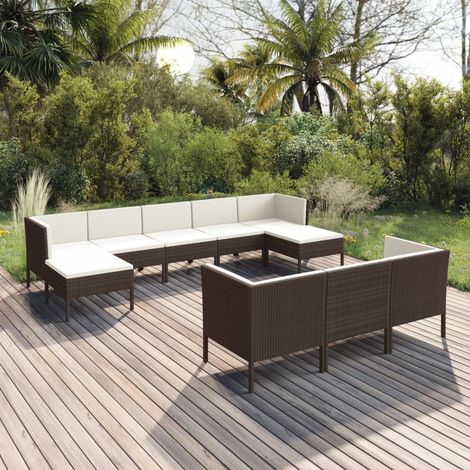 10-tlg. Garten-Lounge-Set mit Auflagen Poly Rattan Braun (1/5)