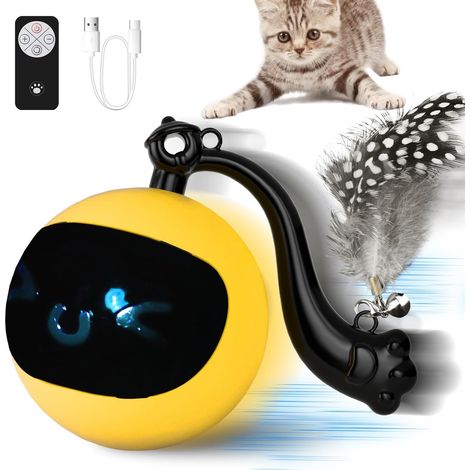 Pelota interactiva para gatos con control remoto, juguete de plumas para gatos que se mueve y rueda automáticamente, recargable por USB, activado por movimiento. (1/5)