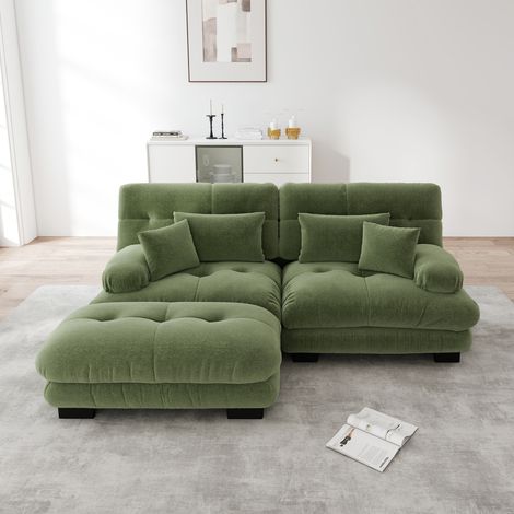 Divano angolare effetto nuvola da soggiorno, divano 2 posti in ciniglia con poggiapiedi e 4 cuscini, senza montaggio - Verde