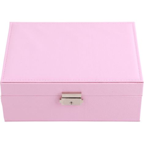 Boîte à bijoux rose en cuir PU résistant, élégante et double compartiment, grande capacité pour bagues, boucles d'oreilles et colliers. (1/5)