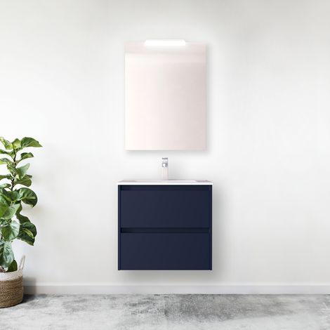 Mobile bagno sospeso 60 cm 2 cassetti in legno blu satinato con lavabo a incasso - Nova - Con specchio e lampada LED