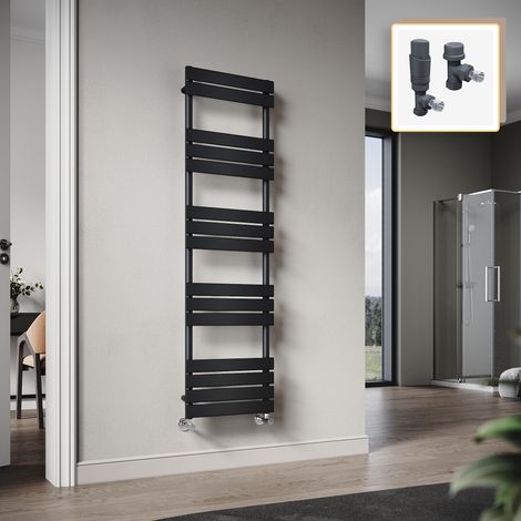 Elegant 1600 x 450mm Heated Towel Rail Black Flat Panel Design Tower Hanger, Modern Bathroom Radiator, Wall Mounted Ladder + Anthracite Thermostatic Radiator Valves (1/5)