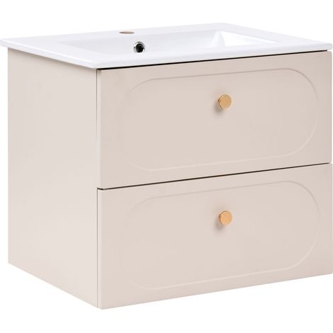 Wall Mounted Vanity Unit with Basin Beige MDF Body Ceramic Basin 2 Drawers Bathroom Cabinet Glam Style TARUMIR (1/5)