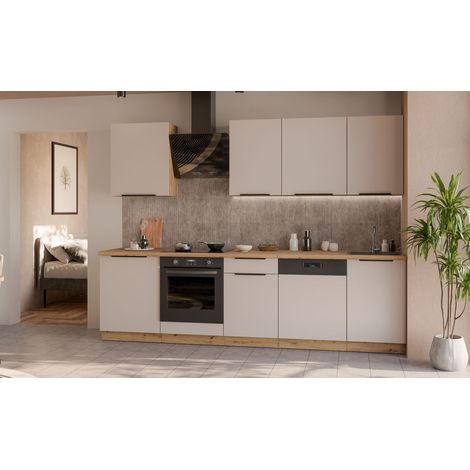 Küche SOLANO BASIC 280 cm Küchenzeile Küchenblock Einbauküche Kaschmir beige matt + Eiche Artisan matt (1/5)
