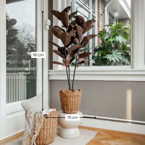 Plante artificielle Ficus caoutchouc avec pot noir H90 x Ø70 cm Feuilles rouge-brun - PANGIVO (1/5)