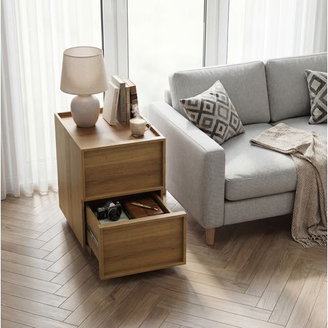 Comodino 38x48x50 cm, design minimalista, 2 cassetti senza maniglie, MDF e truciolare, rovere (1/5)