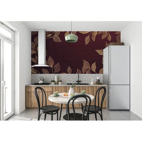 Papier peint feuillage feuilles dorees sur rouge profond 1 - 150 x 250 cm (1/2)