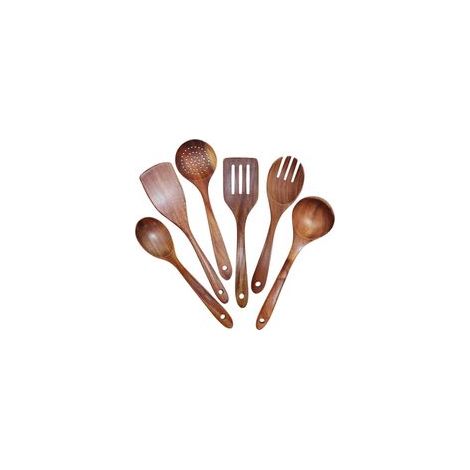 Lot de 6 Ustensiles de Cuisine en Bois de Teck Naturel - Grande Taille, Antiadhésifs, Cuillères, Spatule, Passoire - Durables (1/5)