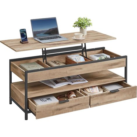 VASAGLE Table Basse, Table de Salon avec Plateau Relevable, Tiroirs de Rangement, avec Rangement Ouvert et Compartiment Caché, Marron Camel et Noir d'encre LCT209K02 (1/5)