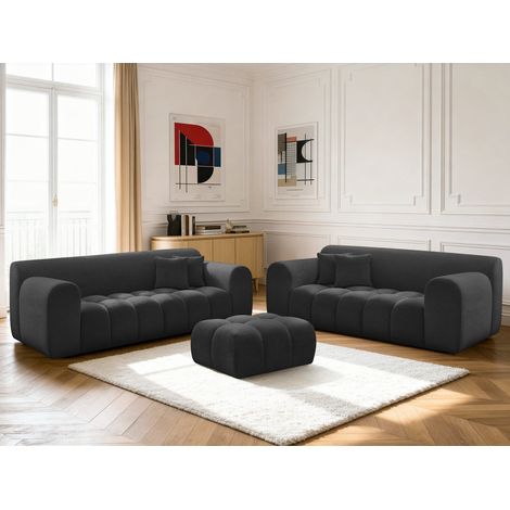 BOBOCHIC - Ensemble canapé droit fixe 3 + 2 places MELISSE tissu texturé avec pouf Noir (1/5)
