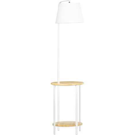 Lampadaire 162 cm 40 W, lampe sur pied avec 2 étagères et abat-jour en lin, Blanc, métal pour salon et chambre à coucher