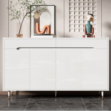 Meuble à chaussures en panneaux de particules blanc et or, 2 portes, 2 tiroirs, tablettes réglables, 140 x 39 x 84 cm (1/5)