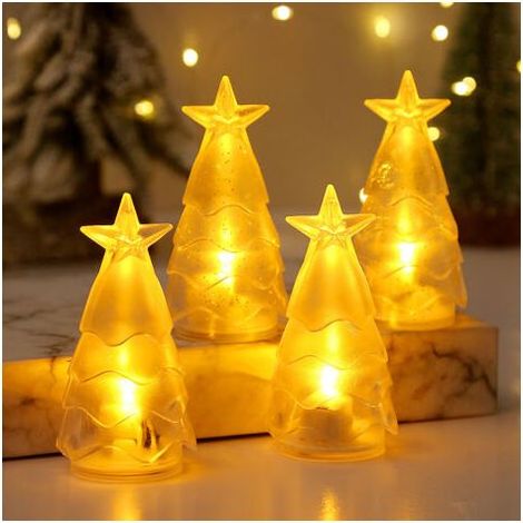Set mit 4 Weihnachtsbaum-Nachtlichtern, stimmungsvolle Dekoration, warmgelbe elektronische Kerzenlichter, zwei transparente Blätter und zwei silberne Glitzerlichter (1/5)