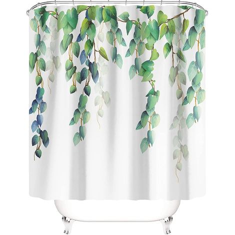 Rideau de douche en tissu à motif végétal vert, résistant aux moisissures et lavable - comprend 12 anneaux en C - 180 x 200 cm (1/5)