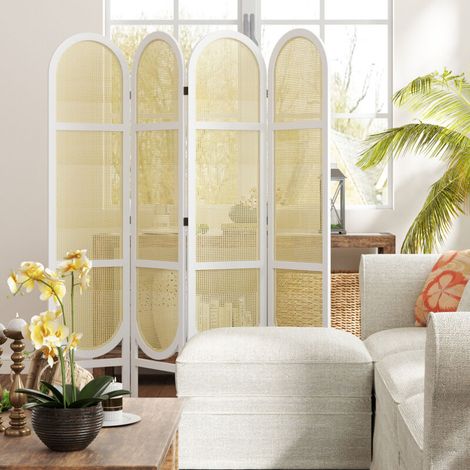 Cloison amovible Paravent interieur en bois 4 panneaux 170 x 160 cm pliable et portable, motif tissé à la main, blanc