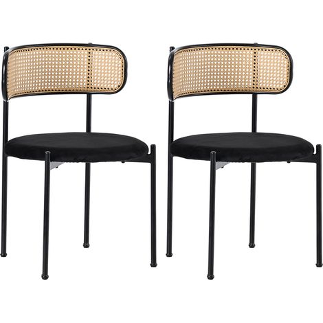 Chaise de salle à manger en velours avec dossier en rotin et pieds en métal, lot de 2, couleur noire (1/5)