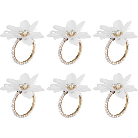 【Rond de serviette Lotus en mousseline et perles】Lot de 6 ronds de serviette en mousseline blanche en forme de lotus, anneaux en tissu pour la décoration de table de mariage et d'hôtel, attaches de se (1/3)