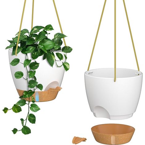 Pot à Plantes Suspendu Auto-arrosant de 20 cm avec Trous de Drainage et Soucoupe Pot à Fleurs en Plastique pour Plantes d'Intérieur et d'Extérieur (Blanc, Lot de 2) (1/5)