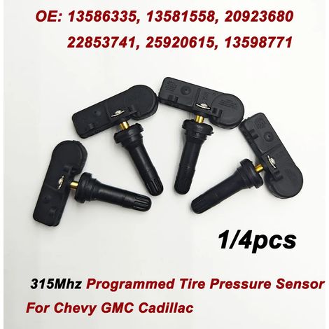 (4 pièces) 13586335 Capteurs de pression des pneus programmables 315 MHz pour véhicules, compatibles avec Chevy, GMC, Cadillac et Buick (références : 20923680, 22853741, 25920615) (1/5)