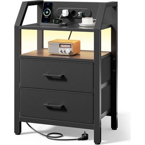 Nachttisch - EcoFurnix - Integrierte LED - Steckdosen & USB-Anschlüsse - 2 Stoffschubladen