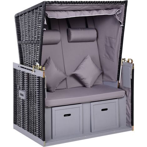 Chaise longue de plage Outsunny, inclinable, double bain de soleil avec auvent, porte-gobelet, en rotin PE gris, 118 x 79 x 50 cm