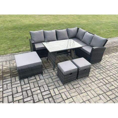 Fimous Garten Lounge Set Polyrattan Gartenmöbel Set Rechteckiger Esstisch mit Temper Glass 3 Hockern Dunkelgrau Gemischt