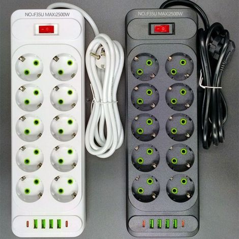 Multiprise Electrique - 10 Prises 2500 W 10 A - 4 Ports USB Dont 1 USB-C - Cordon 2 M - Blanc (1/5)