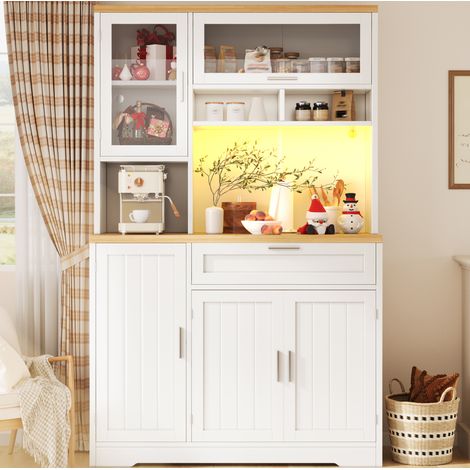 Aparador de cocina alto con vitrina LED 104x40x180 cm, MDF blanco, USB y control por app DESVIAE (1/5)