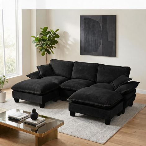 Canapé d'angle modulable en U 4 places en chenille noir (1/5)